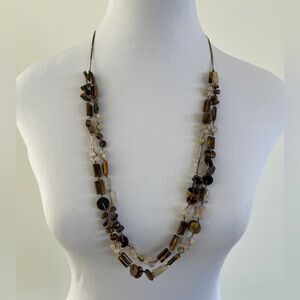 NECKLACE Long Chunky Two Strand Knotted Tigers Eye Colour Beads Coastal Neutral